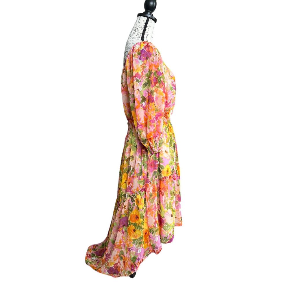 New Anthropologie Fig & Flower Floral Boho Hi Lo Chiffon LS Dress Lined Large - Picture 2 of 9